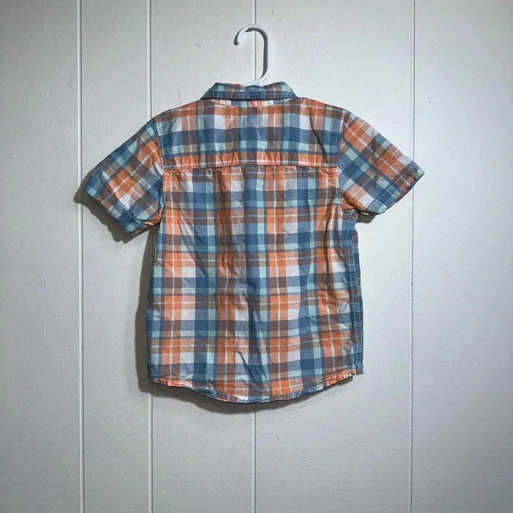 OshKosh Bgosh Boys 4T Orange Blue Plaid Short Sleeve Button Down Shirt 4A